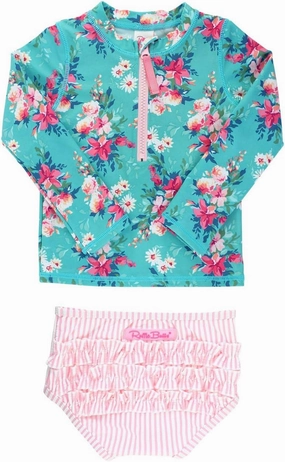 RuffleButts? Baby/Toddler Girls Long Sleeve Rash Guard 2 Piece Swimsuit Set w/UPF 50  Sun Protection with Zipper