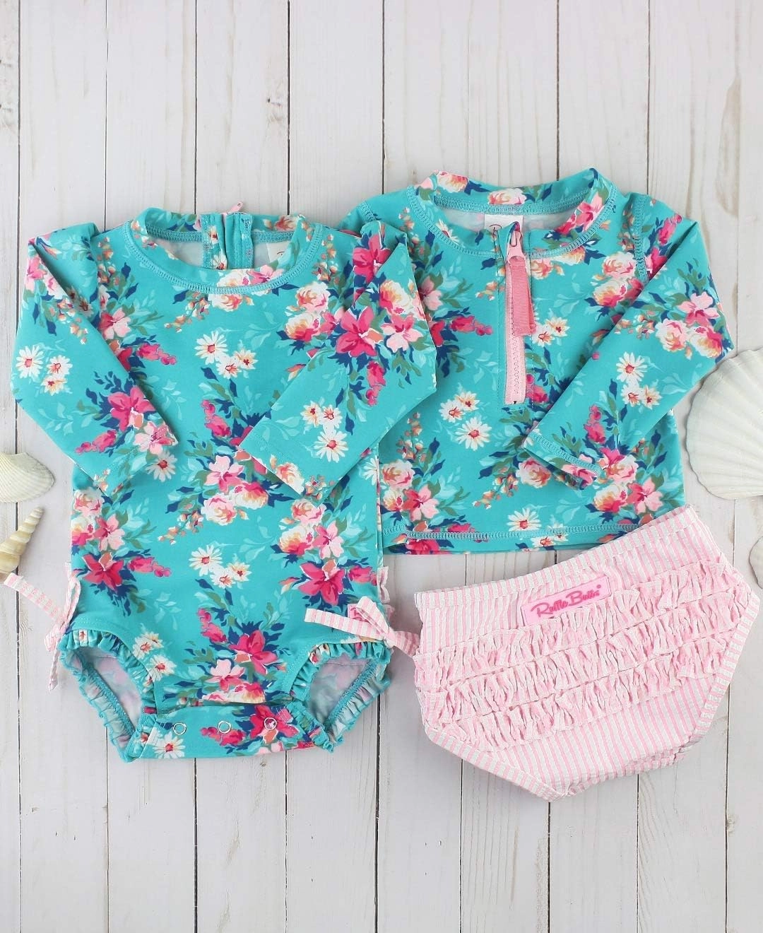 RuffleButts? Baby/Toddler Girls Long Sleeve Rash Guard 2 Piece Swimsuit Set w/UPF 50  Sun Protection with Zipper