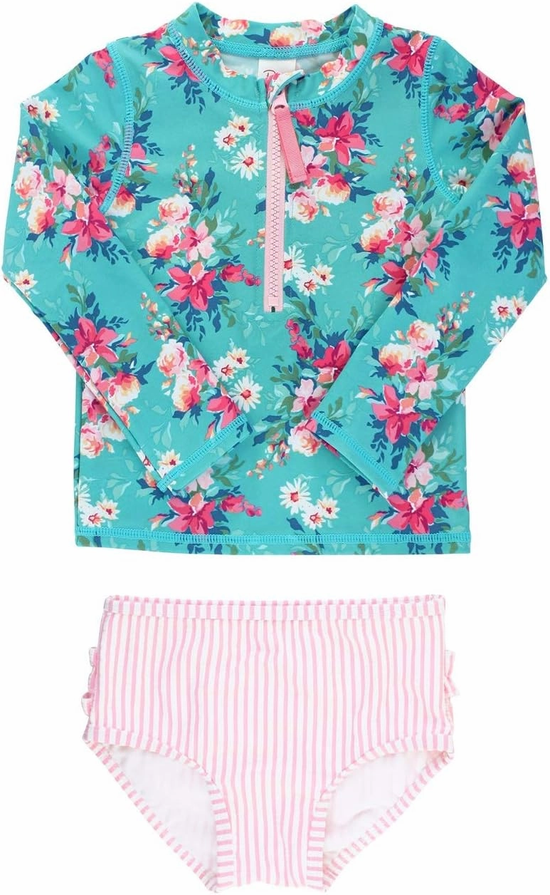 RuffleButts? Baby/Toddler Girls Long Sleeve Rash Guard 2 Piece Swimsuit Set w/UPF 50  Sun Protection with Zipper