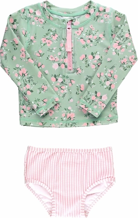 RuffleButts? Baby/Toddler Girls Long Sleeve Rash Guard 2 Piece Swimsuit Set w/UPF 50  Sun Protection with Zipper