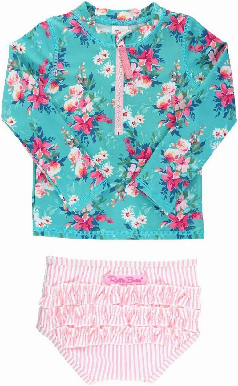 RuffleButts? Baby/Toddler Girls Long Sleeve Rash Guard 2 Piece Swimsuit Set w/UPF 50  Sun Protection with Zipper
