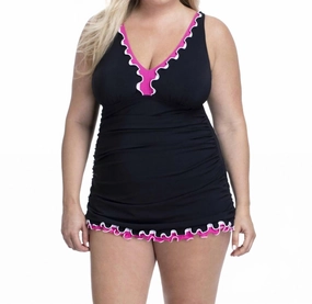 Ruffled V-Neck Swimdress - Plus In Tutti Frutti Black And Pink