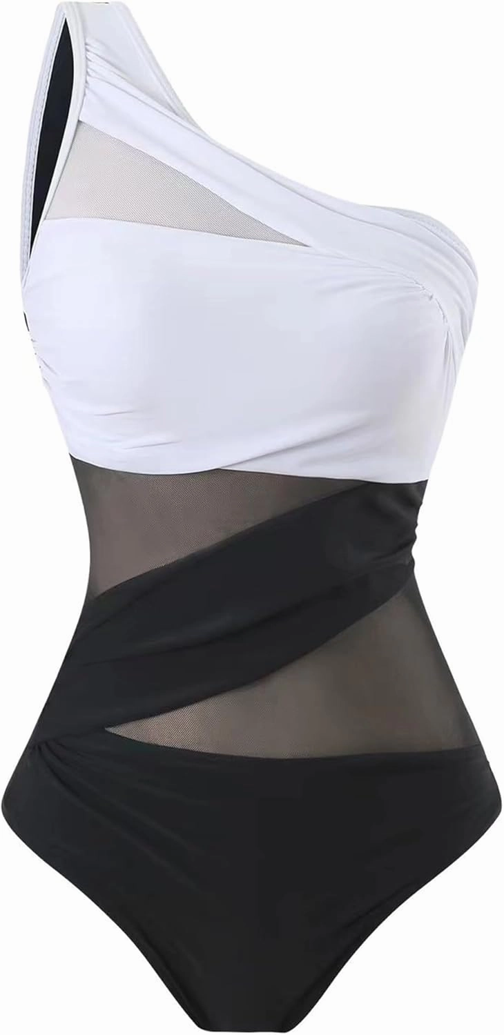 Runtlly Women's One Piece Swimsuits One Shoulder Plus Size Swimwear Bathing Suit with See Through Mesh Style