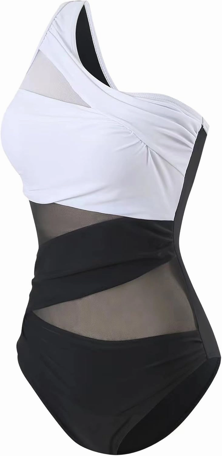 Runtlly Women's One Piece Swimsuits One Shoulder Plus Size Swimwear Bathing Suit with See Through Mesh Style