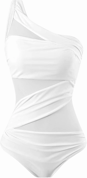 Runtlly Women's One Piece Swimsuits One Shoulder Plus Size Swimwear Bathing Suit with See Through Mesh Style