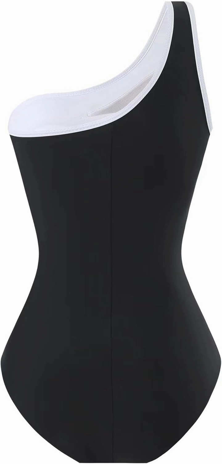 Runtlly Women's One Piece Swimsuits One Shoulder Plus Size Swimwear Bathing Suit with See Through Mesh Style