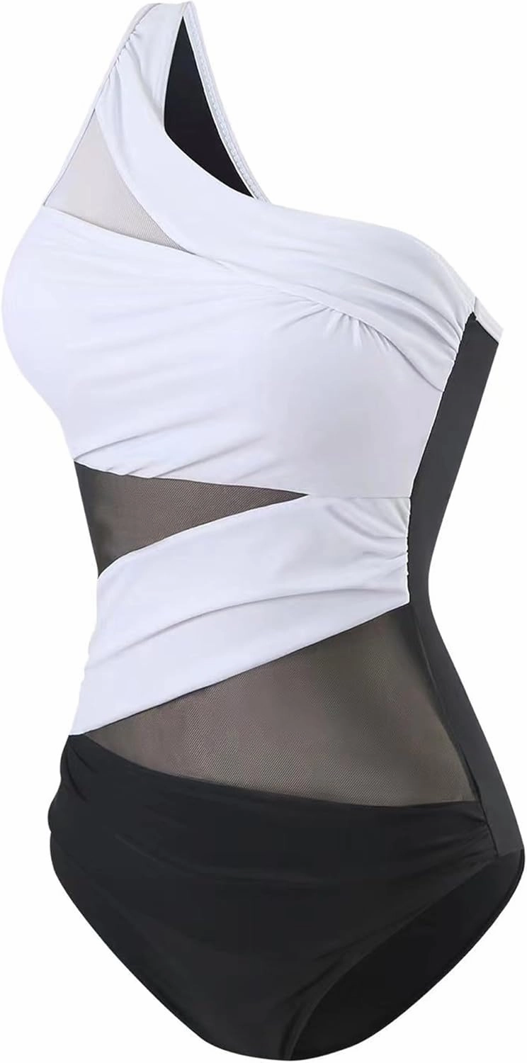 Runtlly Women's One Piece Swimsuits One Shoulder Plus Size Swimwear Bathing Suit with See Through Mesh Style