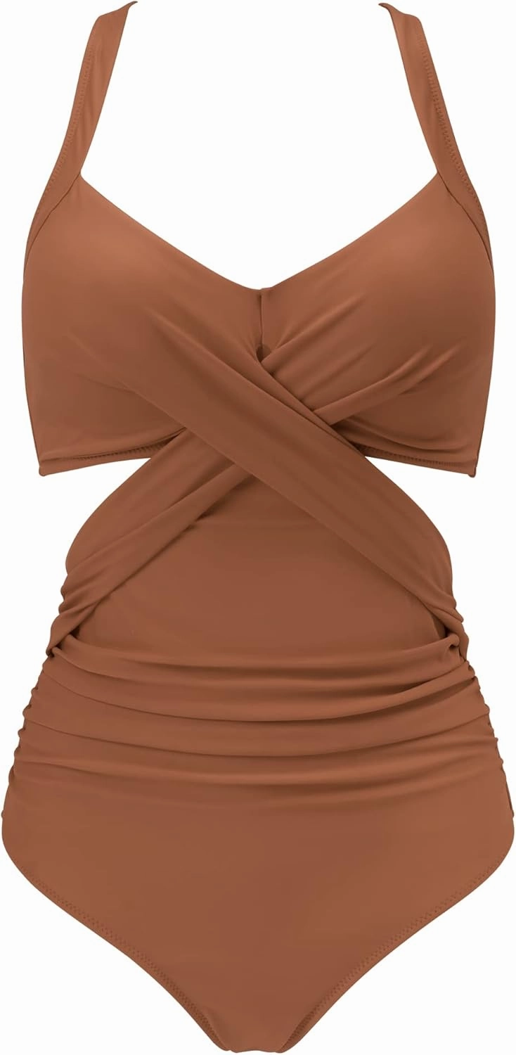 RXRXCOCO Women Front Cross CutOut One Piece Swimsuit Tummy Control High Waisted Monokini Bathing Suit