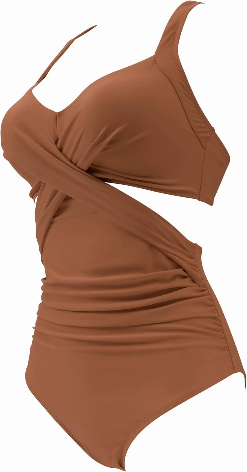 RXRXCOCO Women Front Cross CutOut One Piece Swimsuit Tummy Control High Waisted Monokini Bathing Suit