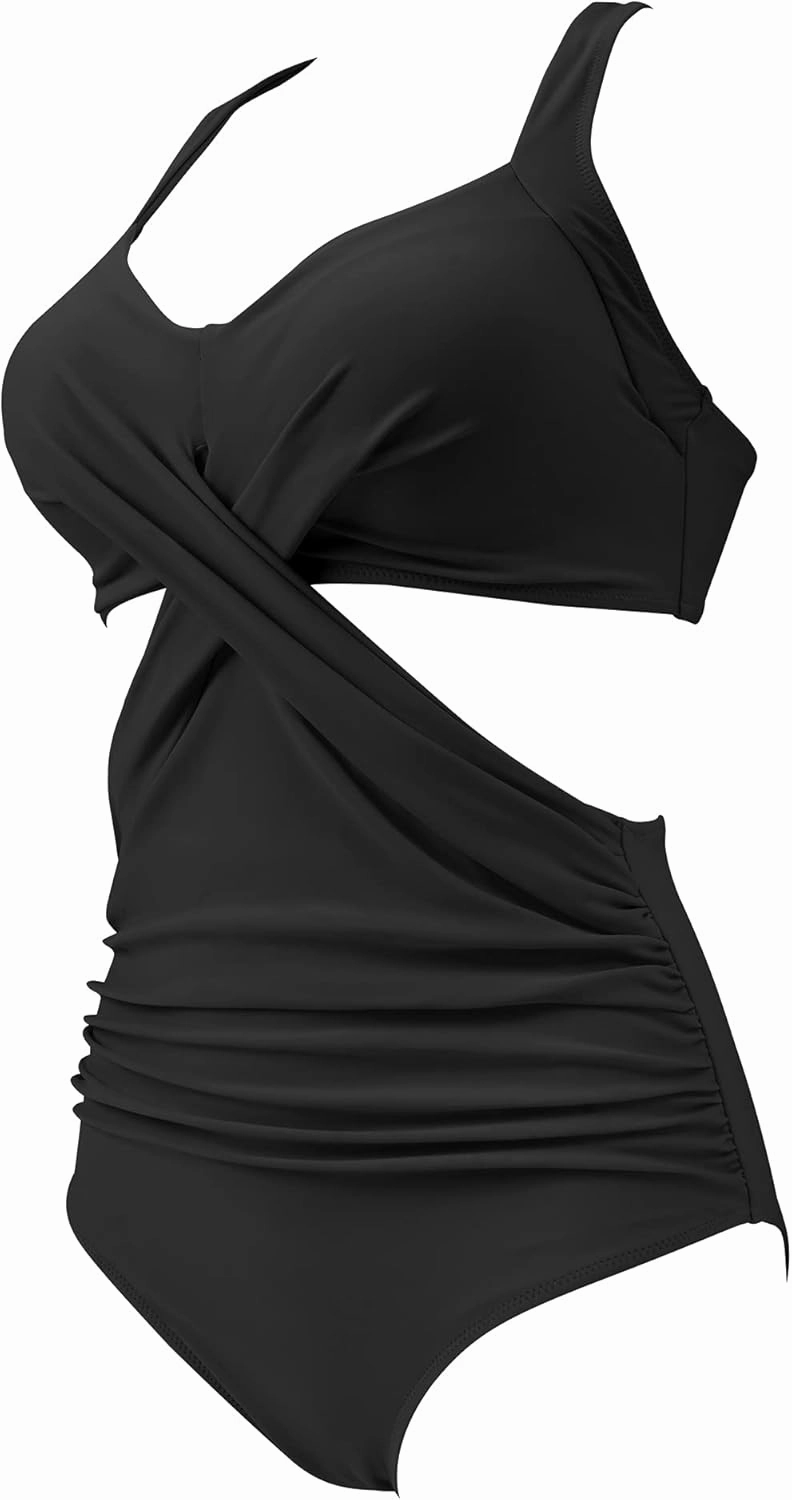 RXRXCOCO Women Front Cross CutOut One Piece Swimsuit Tummy Control High Waisted Monokini Bathing Suit