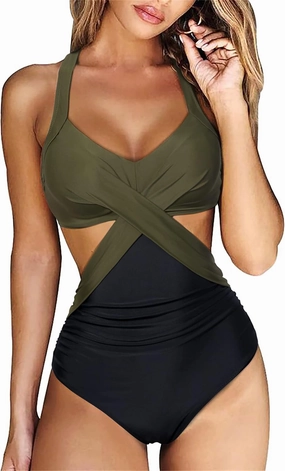 RXRXCOCO Women Front Cross CutOut One Piece Swimsuit Tummy Control High Waisted Monokini Bathing Suit