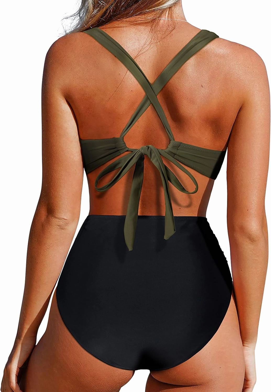RXRXCOCO Women Front Cross CutOut One Piece Swimsuit Tummy Control High Waisted Monokini Bathing Suit