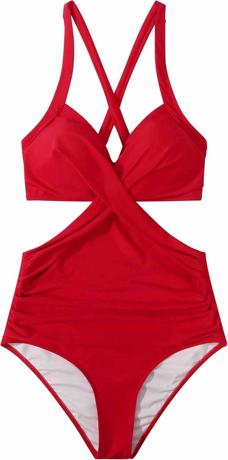RXRXCOCO Women Front Cross CutOut One Piece Swimsuit Tummy Control High Waisted Monokini Bathing Suit