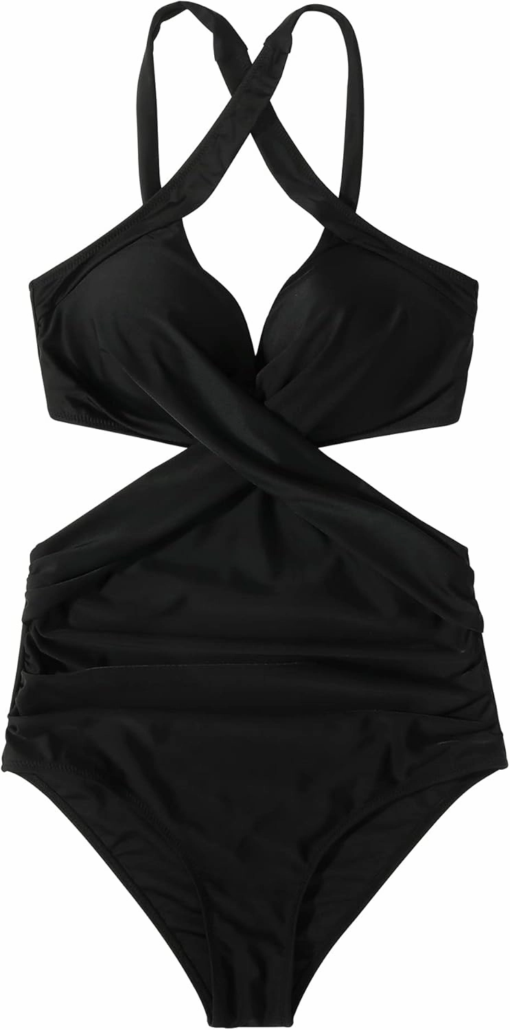 RXRXCOCO Women Front Cross CutOut One Piece Swimsuit Tummy Control High Waisted Monokini Bathing Suit