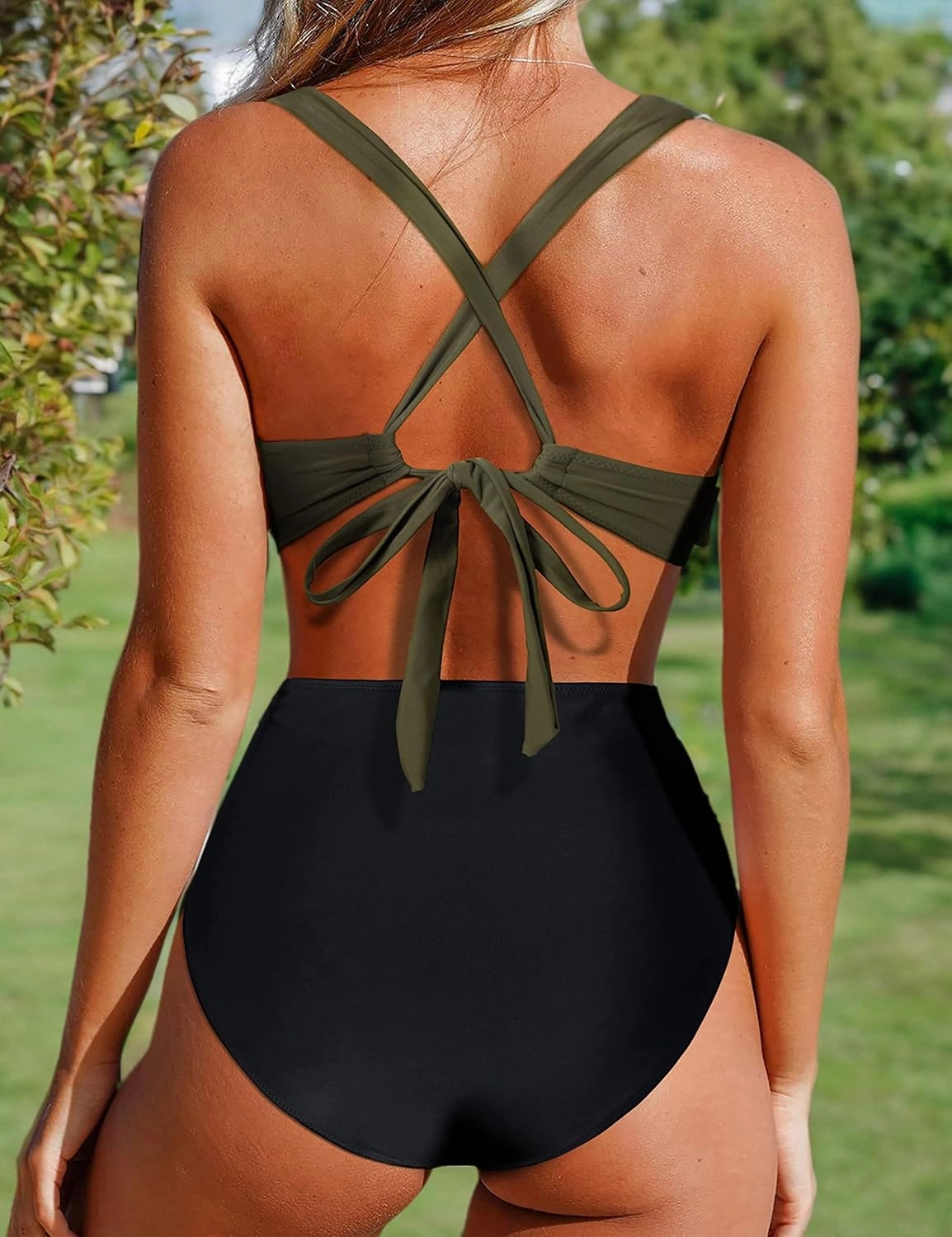 RXRXCOCO Women Front Cross CutOut One Piece Swimsuit Tummy Control High Waisted Monokini Bathing Suit