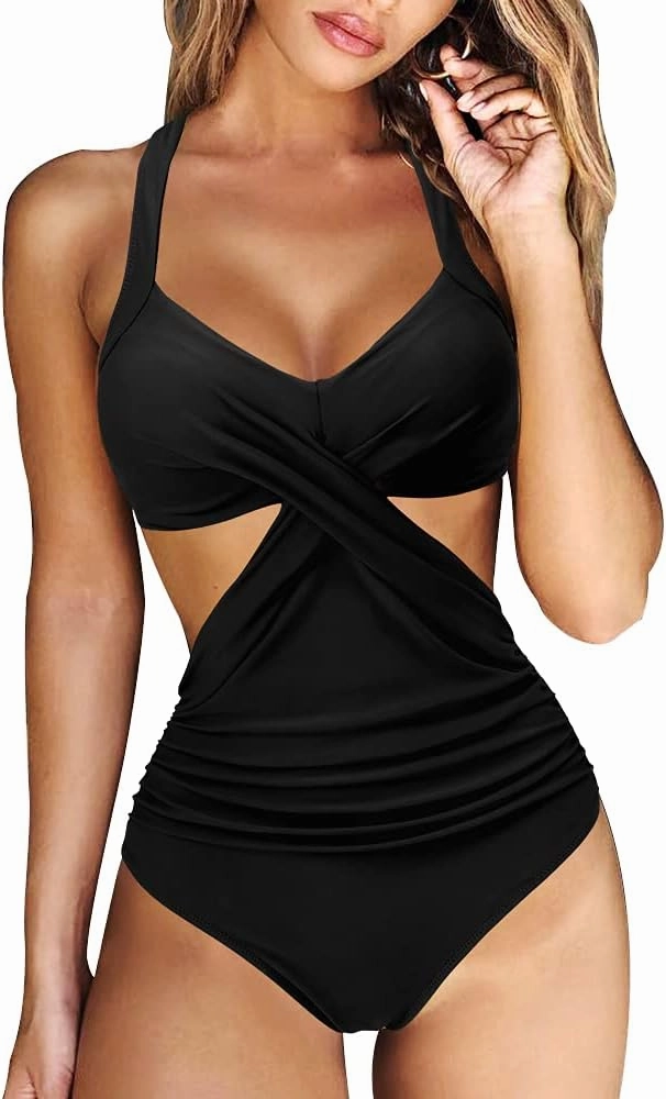 RXRXCOCO Women Front Cross CutOut One Piece Swimsuit Tummy Control High Waisted Monokini Bathing Suit