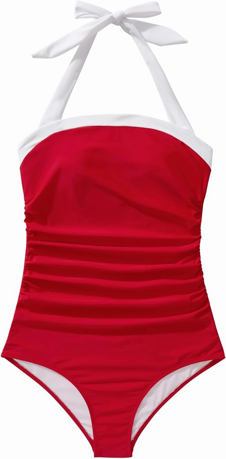 RXRXCOCO Women Retro One Piece Swimsuit Tummy Control Halter Vintage Bathing Suit