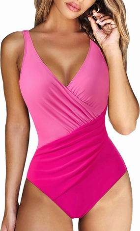 RXRXCOCO Womens One Piece Swimsuits Tummy Control Ruched Criss Cross Bathing Suits V Neck Slimming Swimwear
