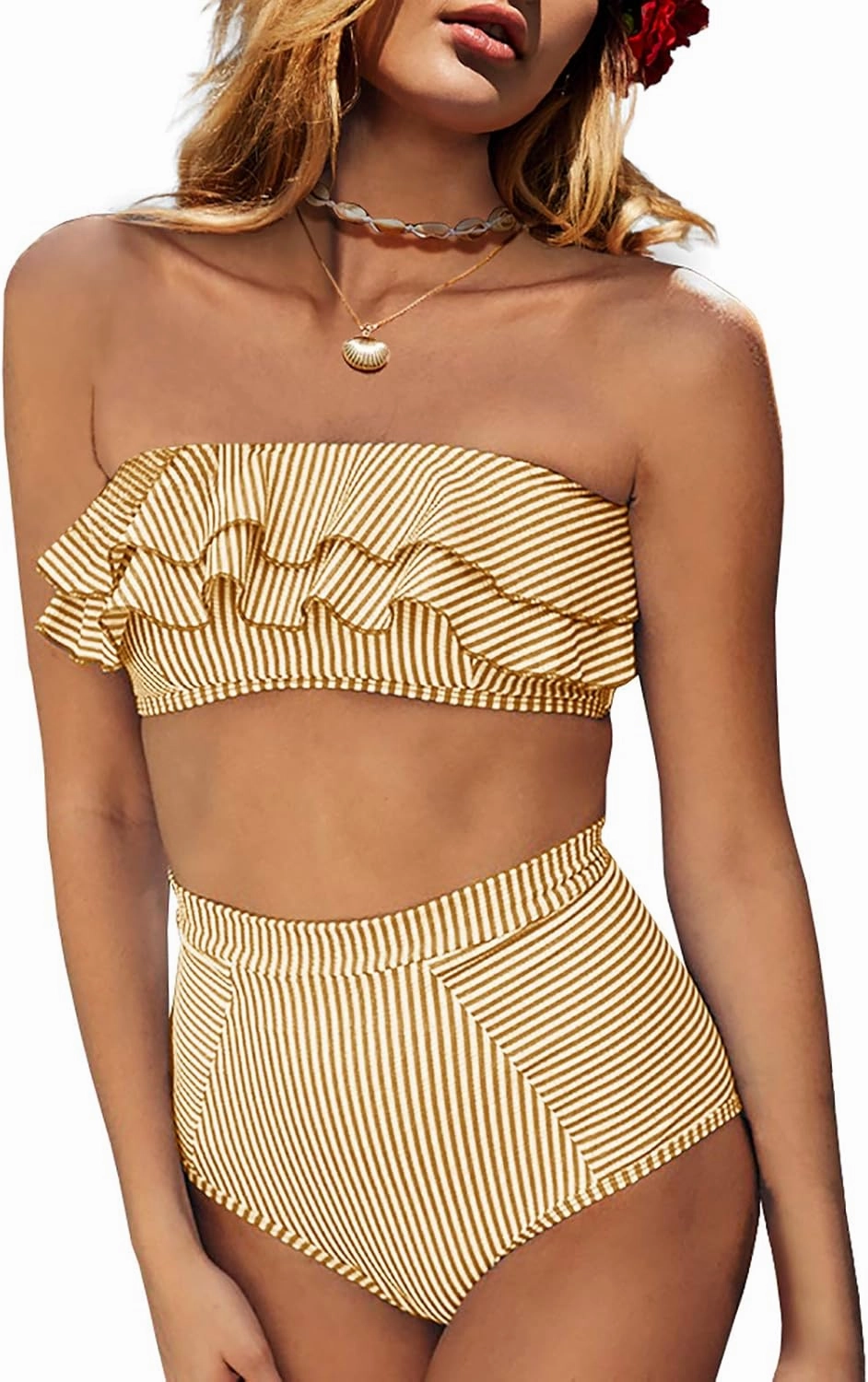 Saodimallsu Women High Waisted 2 Piece Bikini Set Bandeau Ruffle Swimsuit Top Striped Bathing Suits