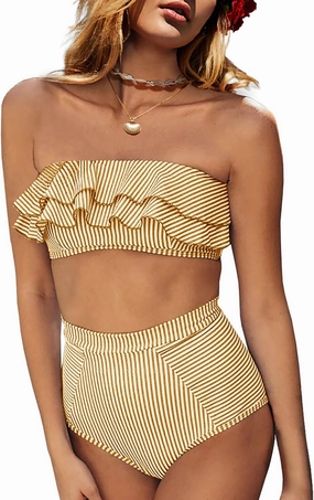 Saodimallsu Women High Waisted 2 Piece Bikini Set Bandeau Ruffle Swimsuit Top Striped Bathing Suits