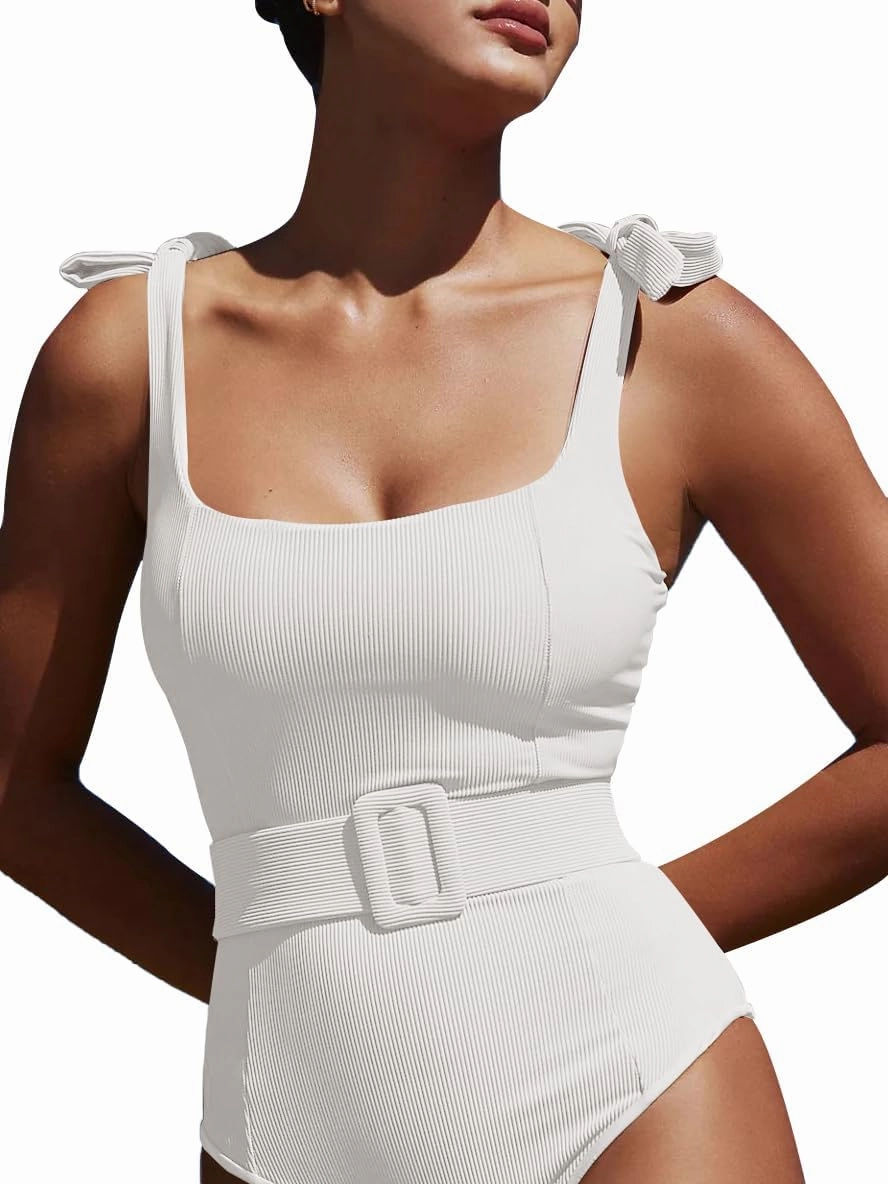 Saodimallsu Womens Sexy One Piece Bathing Suit High Cut Knit Square Neck Tied Strappy Swimsuit with Belt