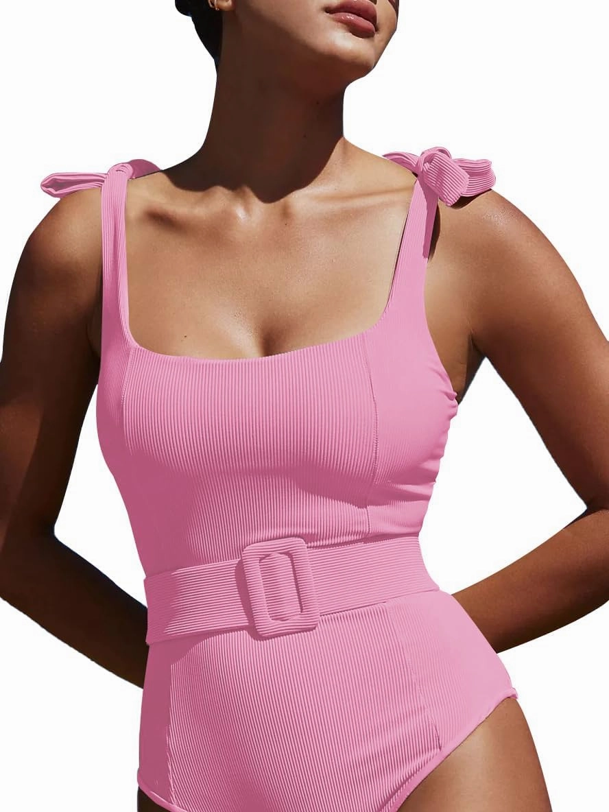 Saodimallsu Womens Sexy One Piece Bathing Suit High Cut Knit Square Neck Tied Strappy Swimsuit with Belt