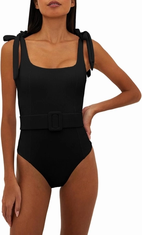 Saodimallsu Womens Sexy One Piece Bathing Suit High Cut Knit Square Neck Tied Strappy Swimsuit with Belt
