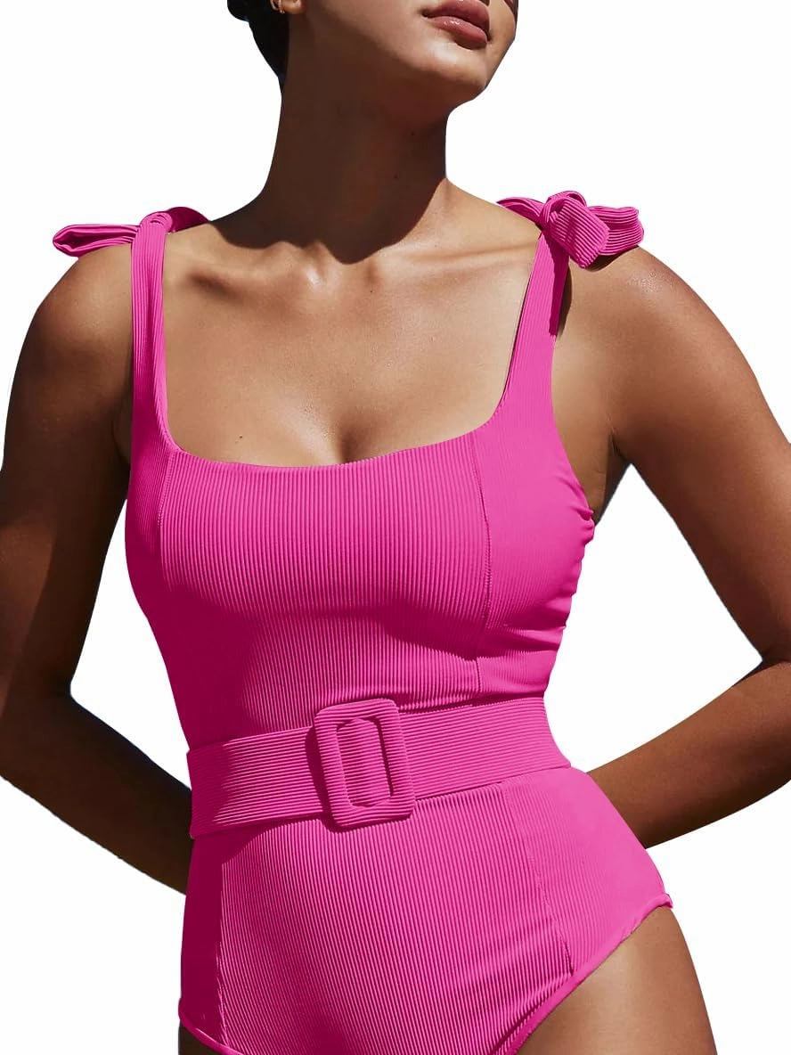 Saodimallsu Womens Sexy One Piece Bathing Suit High Cut Knit Square Neck Tied Strappy Swimsuit with Belt