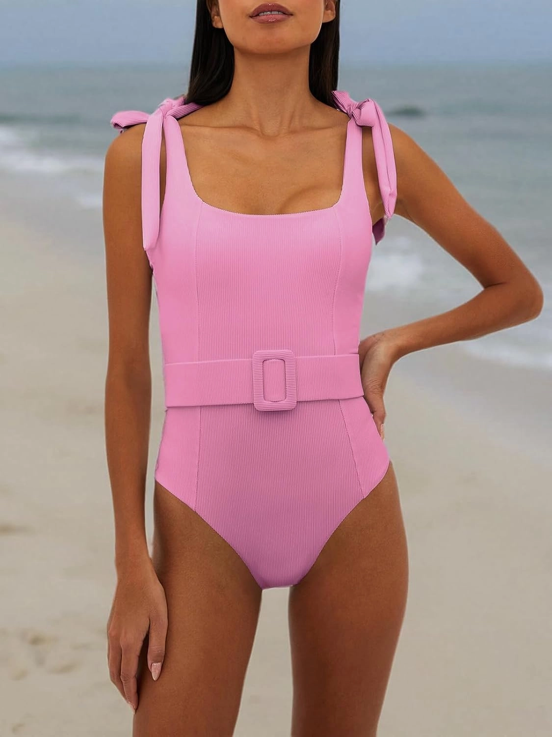 Saodimallsu Womens Sexy One Piece Bathing Suit High Cut Knit Square Neck Tied Strappy Swimsuit with Belt