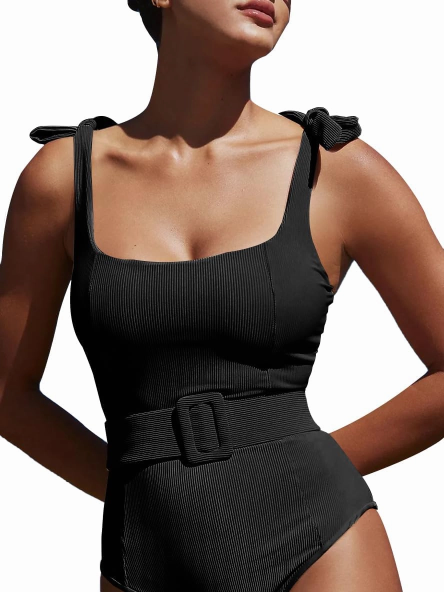 Saodimallsu Womens Sexy One Piece Bathing Suit High Cut Knit Square Neck Tied Strappy Swimsuit with Belt