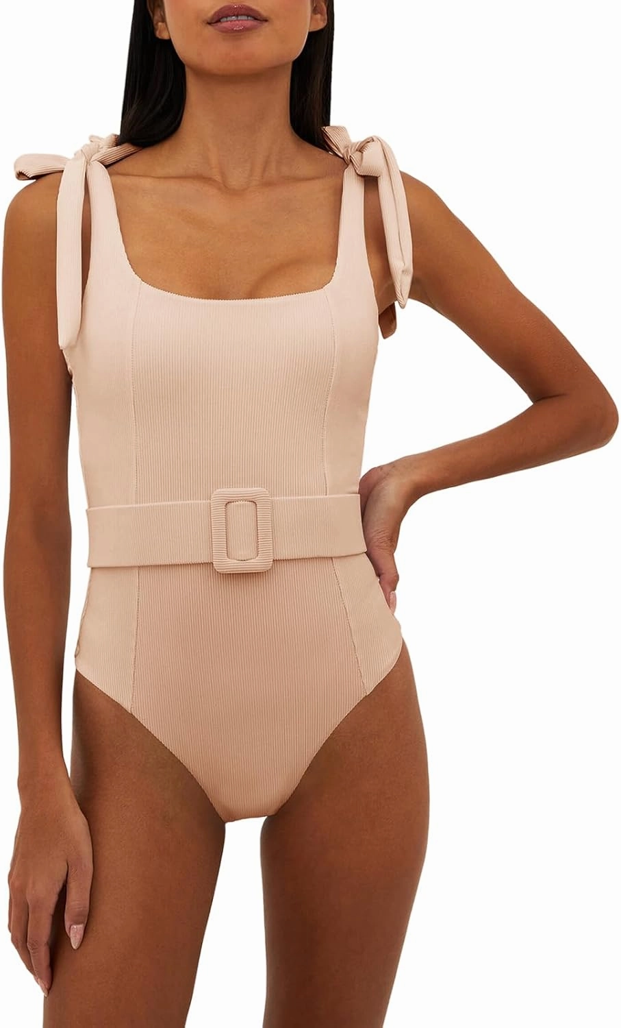 Saodimallsu Womens Sexy One Piece Bathing Suit High Cut Knit Square Neck Tied Strappy Swimsuit with Belt