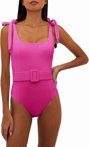 Saodimallsu Womens Sexy One Piece Bathing Suit High Cut Knit Square Neck Tied Strappy Swimsuit with Belt
