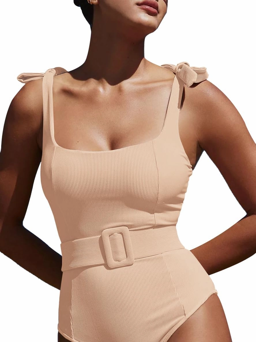 Saodimallsu Womens Sexy One Piece Bathing Suit High Cut Knit Square Neck Tied Strappy Swimsuit with Belt