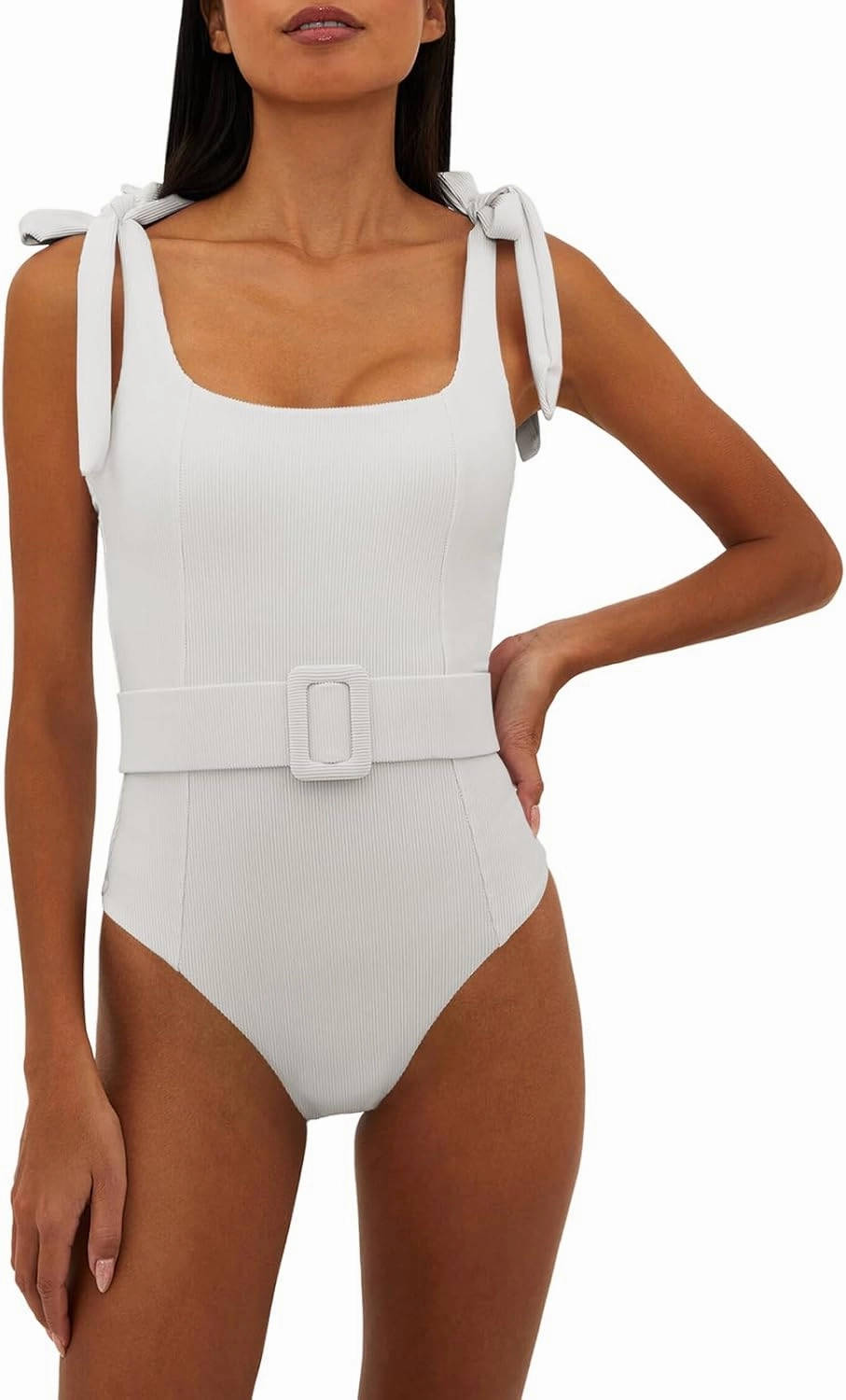 Saodimallsu Womens Sexy One Piece Bathing Suit High Cut Knit Square Neck Tied Strappy Swimsuit with Belt