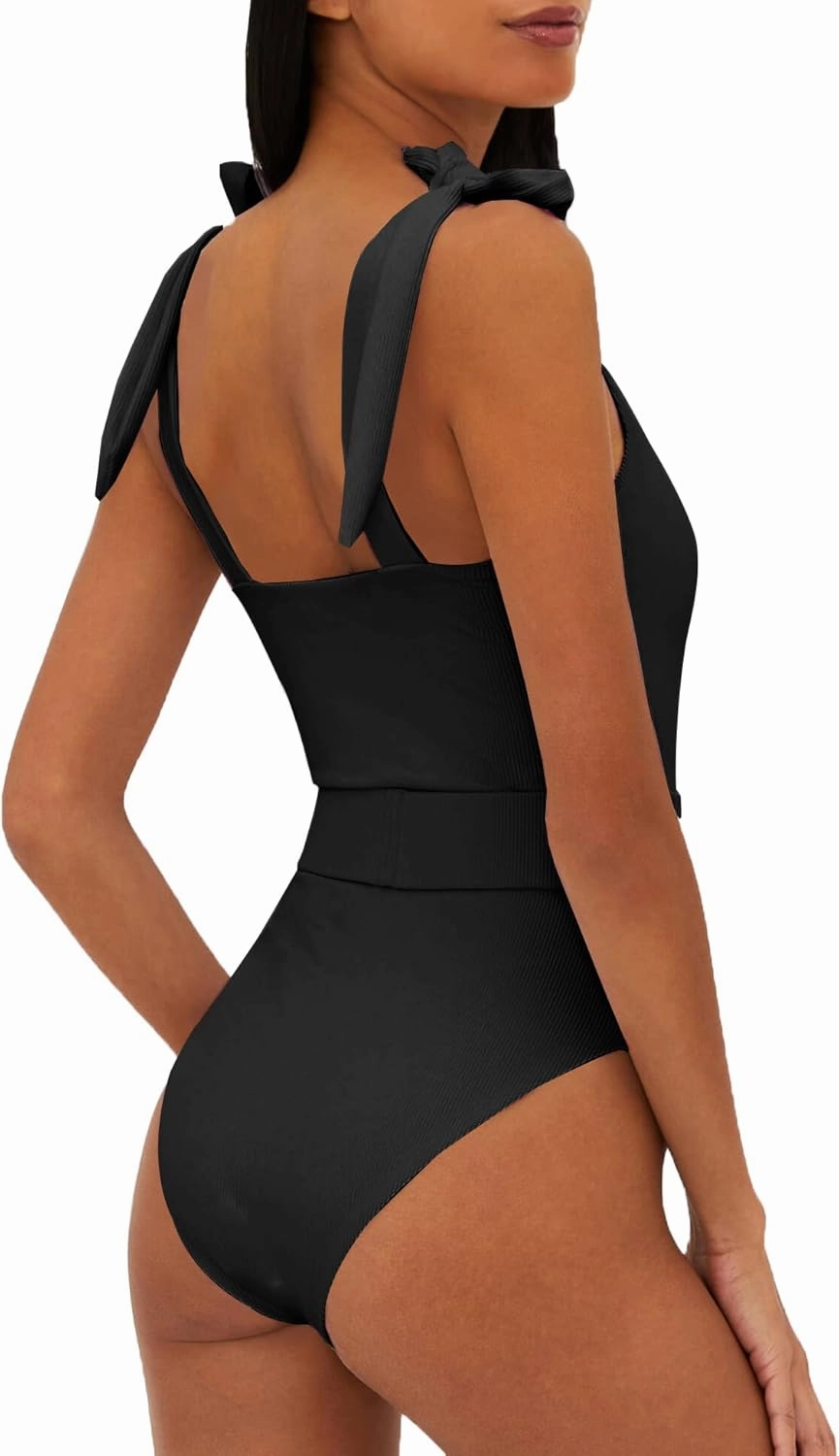 Saodimallsu Womens Sexy One Piece Bathing Suit High Cut Knit Square Neck Tied Strappy Swimsuit with Belt