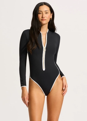Seafolly Collective Long Sleeve Zip Front One Piece - Black