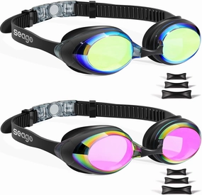 Seago 2 Pack Swimming Goggles Anti-fog Anti-UV Mirrored Swim Goggles Adult Women Men