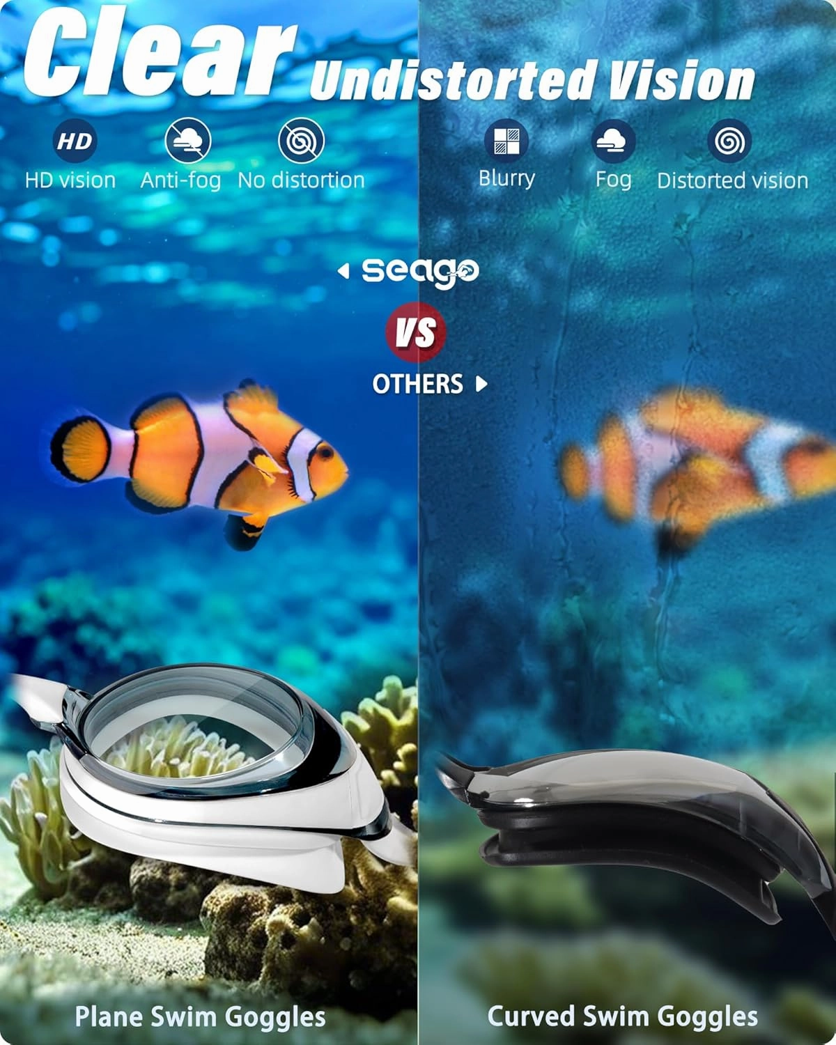 Seago 2 Pack Swimming Goggles Anti-fog Anti-UV Silicone Swim Goggles Adult Women Men