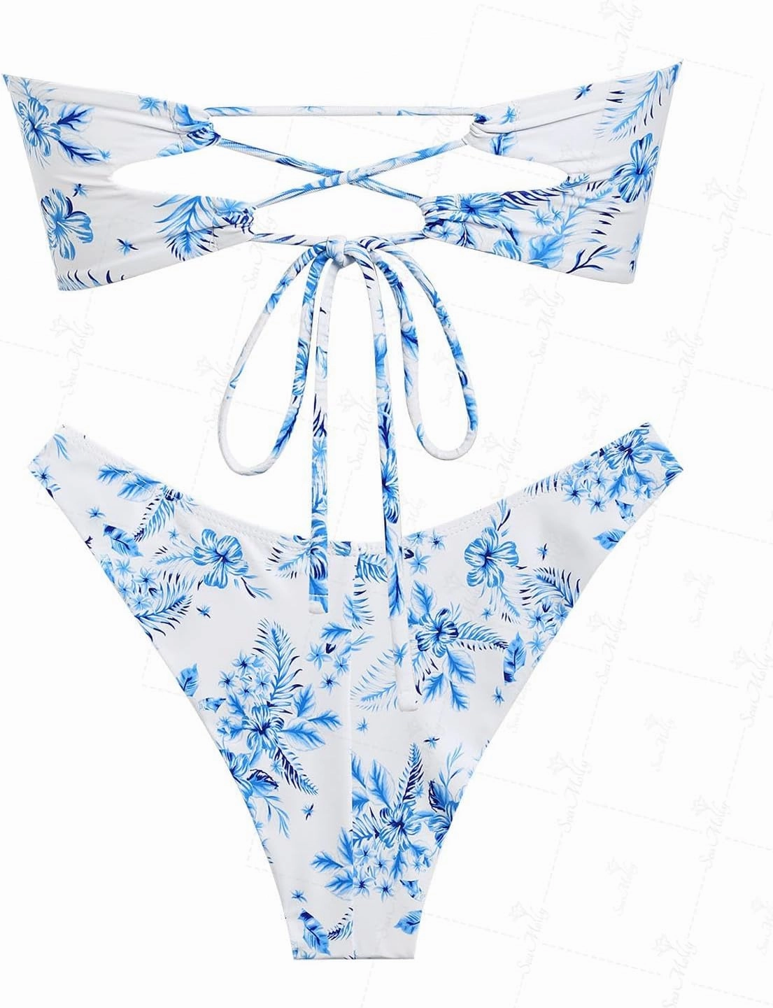 seamoly Ruched U-Ring Metal Tied Back Bandeau Top & Brazilian Bottom Bikini Set