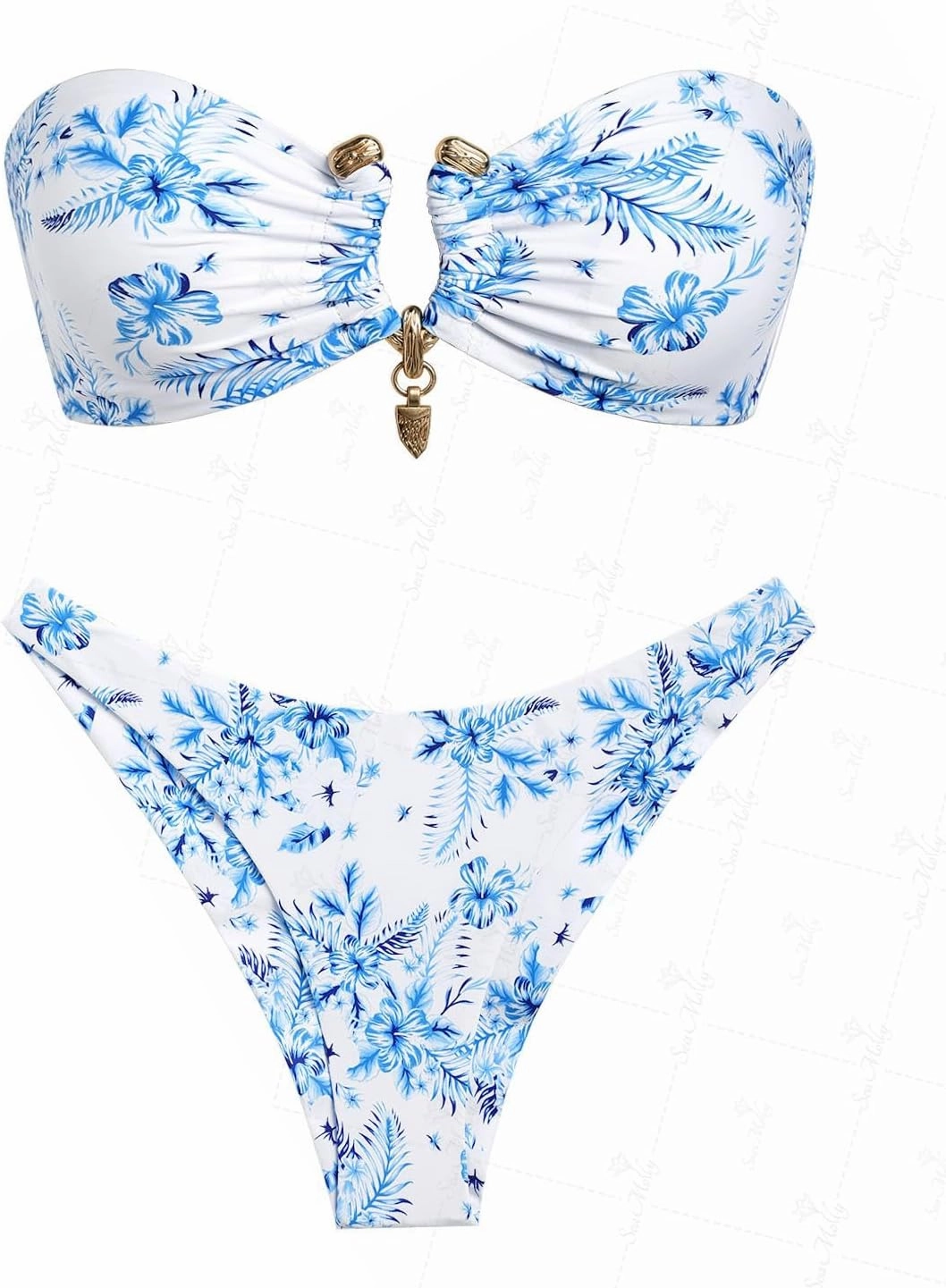 seamoly Ruched U-Ring Metal Tied Back Bandeau Top & Brazilian Bottom Bikini Set