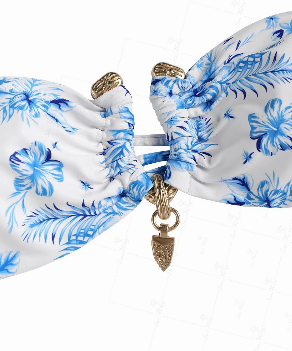 seamoly Ruched U-Ring Metal Tied Back Bandeau Top & Brazilian Bottom Bikini Set