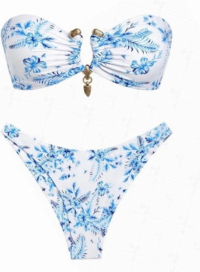 seamoly Ruched U-Ring Metal Tied Back Bandeau Top & Brazilian Bottom Bikini Set