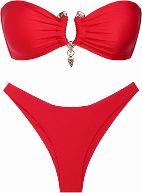 seamoly Ruched U-Ring Metal Tied Back Bandeau Top & Brazilian Bottom Bikini Set