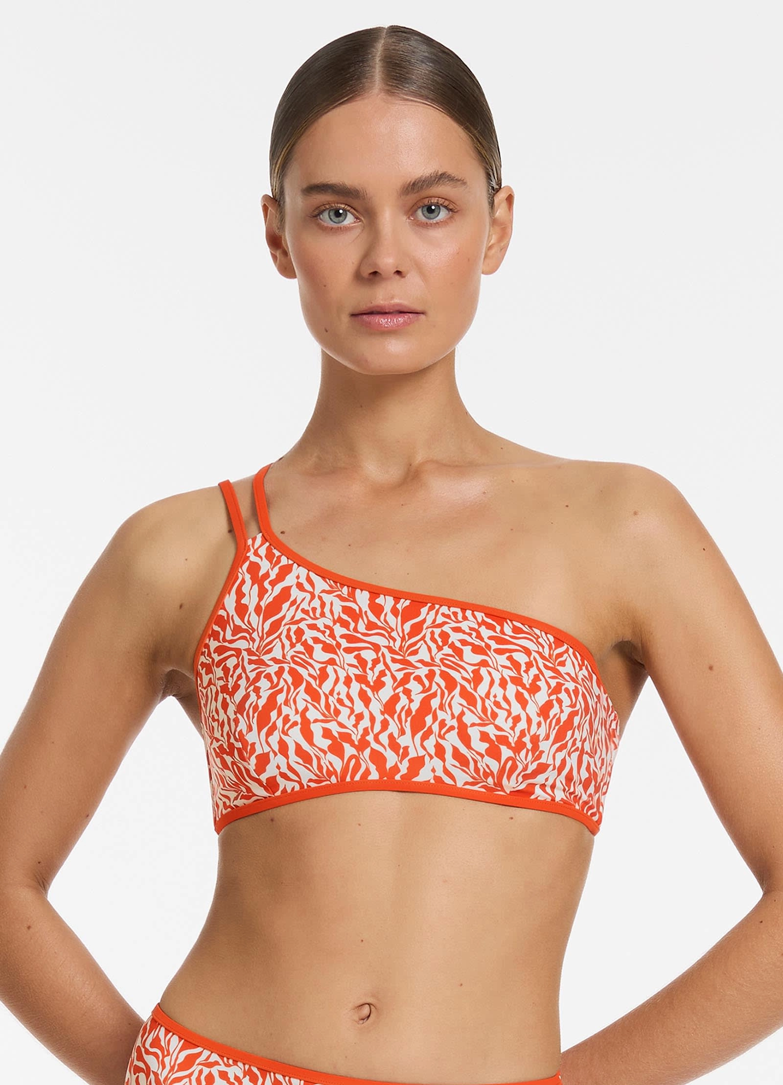 Sereno Ditsy One Shoulder Bikini Top - Coral