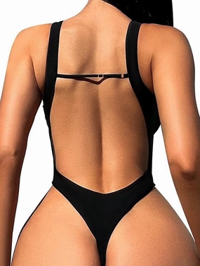 Sexy Backless Cheeky High Cut Leg Thong V Neck One Piece Swimsuit