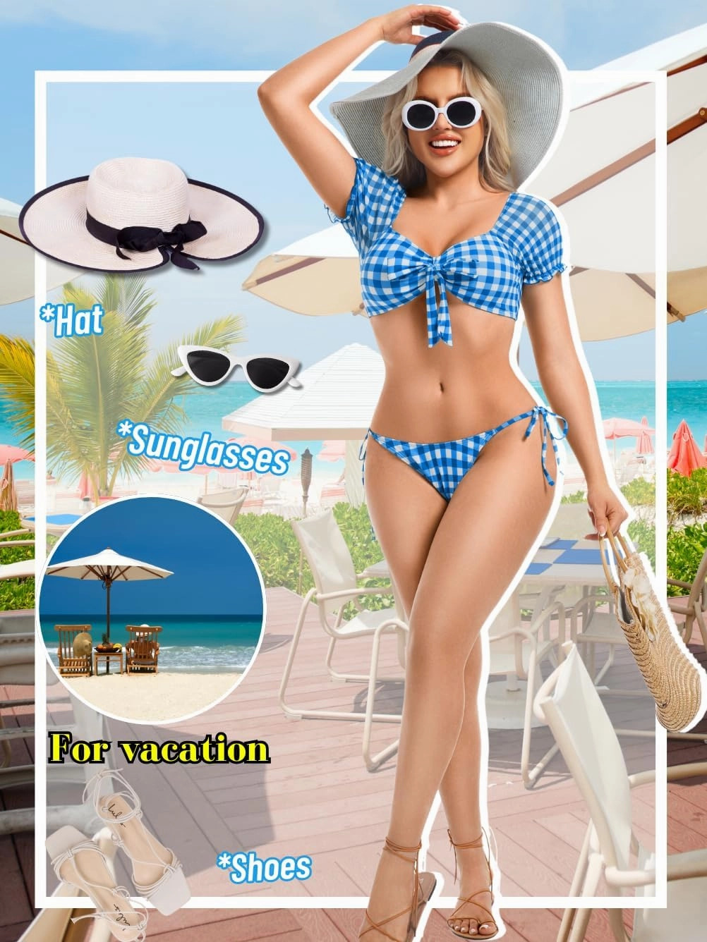 Sexy Gingham Bikini,High Cut Low Rise Tie Swimsuit Women,2 Piece Retro Checkered Bathing Suit Beach Pool Party
