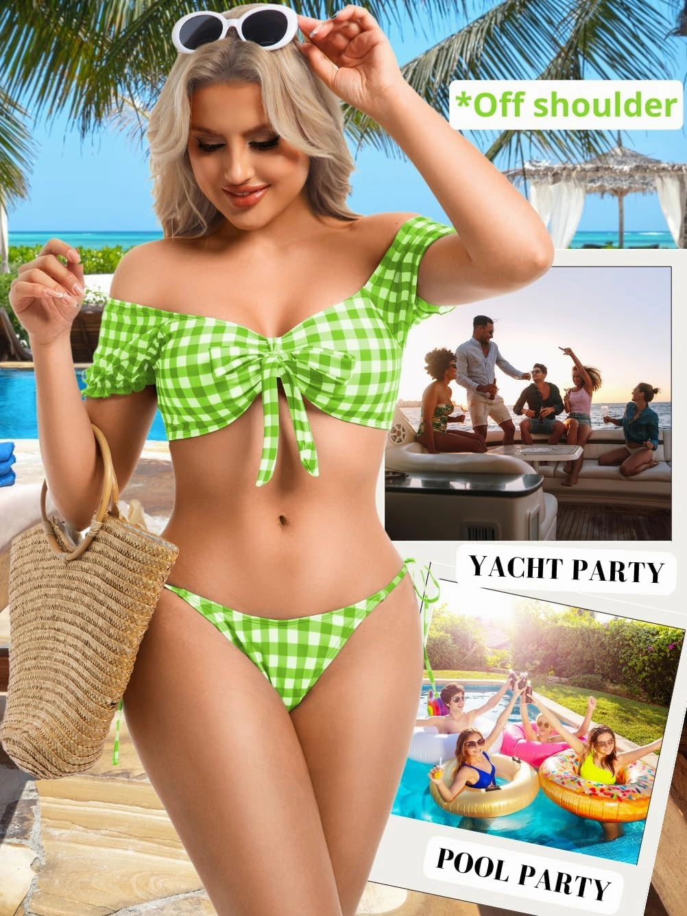 Sexy Gingham Bikini,High Cut Low Rise Tie Swimsuit Women,2 Piece Retro Checkered Bathing Suit Beach Pool Party