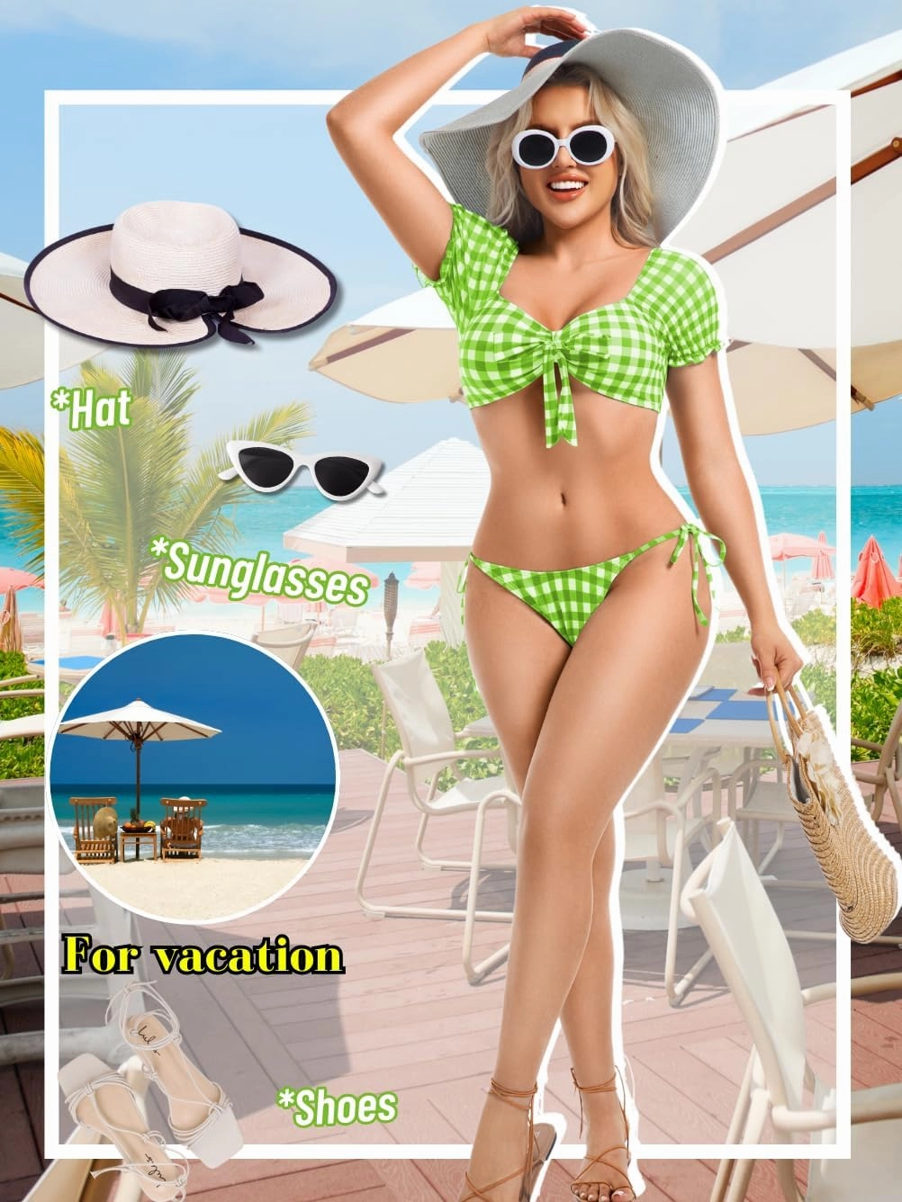 Sexy Gingham Bikini,High Cut Low Rise Tie Swimsuit Women,2 Piece Retro Checkered Bathing Suit Beach Pool Party