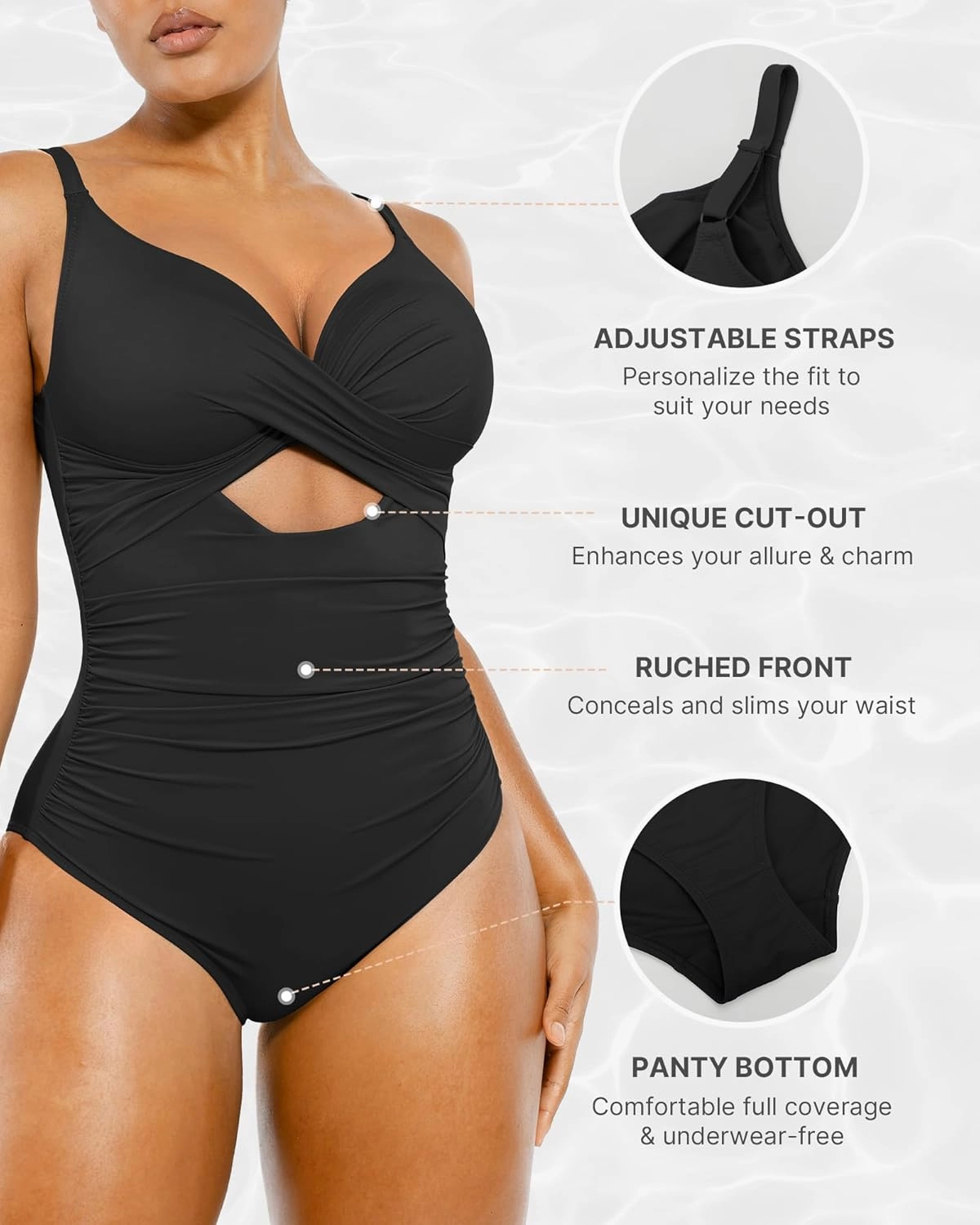 SHAPELLX Tummy Control Swimsuits Women V Neck One Piece Bathing Suit Ruched Push Up Slimming Swimwear Built-in Bra
