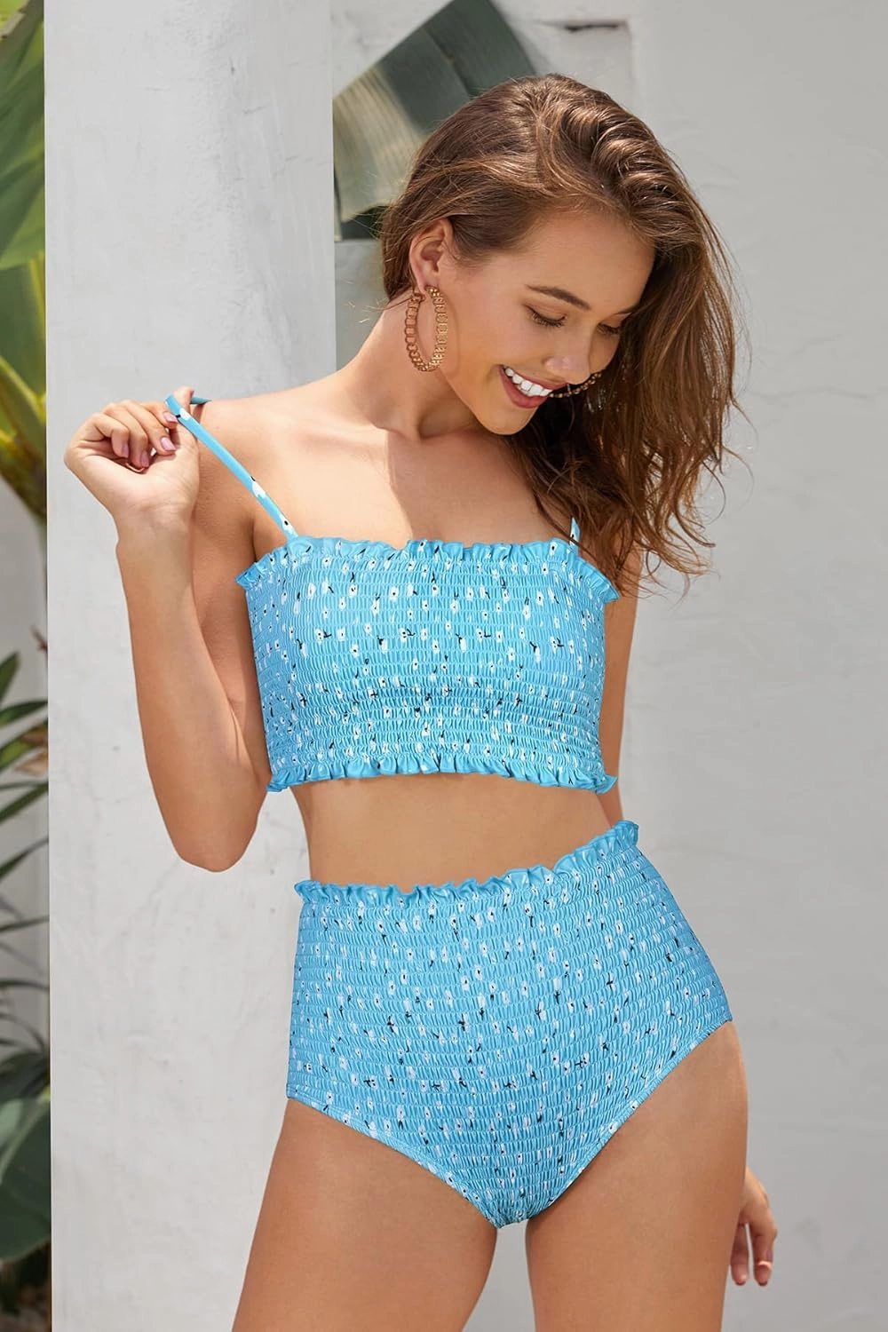 SHEKINI Women's Bikini Sets Shirred Bandeau Bikini Top High Waist Bathing Suit Removable Straps Two Piece Swimsuit